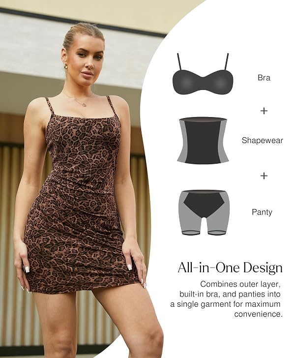 Popilush Leopard Dress for Women Spaghetti Strap Mesh Ruched Mini Dresses with Built in Shapewear Party Club Outfits by Popilush - Used condition - Image 3