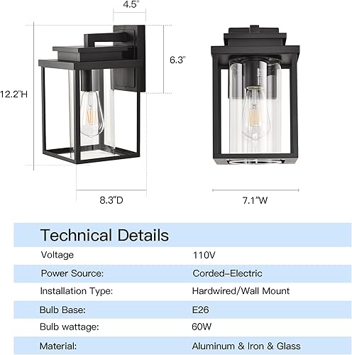Miniatura 5 de Smeike Faroles de pared para exteriores, accesorios de luz para exteriores negro mate, apliques de pared exteriores modernos con clase clara, luces