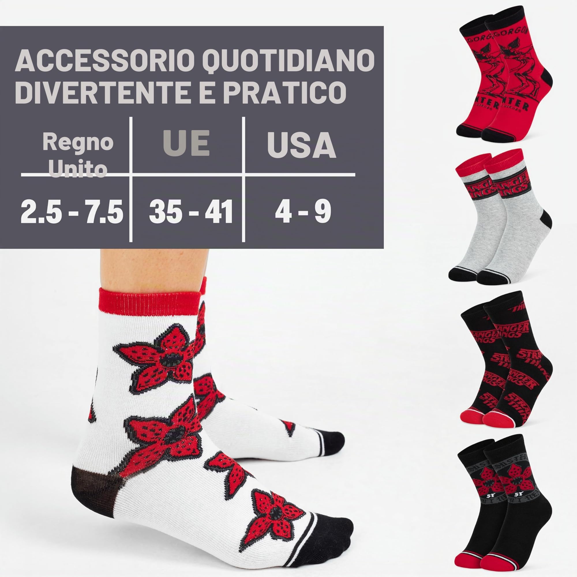 Stranger Things Calzini Donna Adolescenti, EU 35-41, Pacco da 5 Calze Divertenti a Fantasia Cotone Misto, Regalo Donna