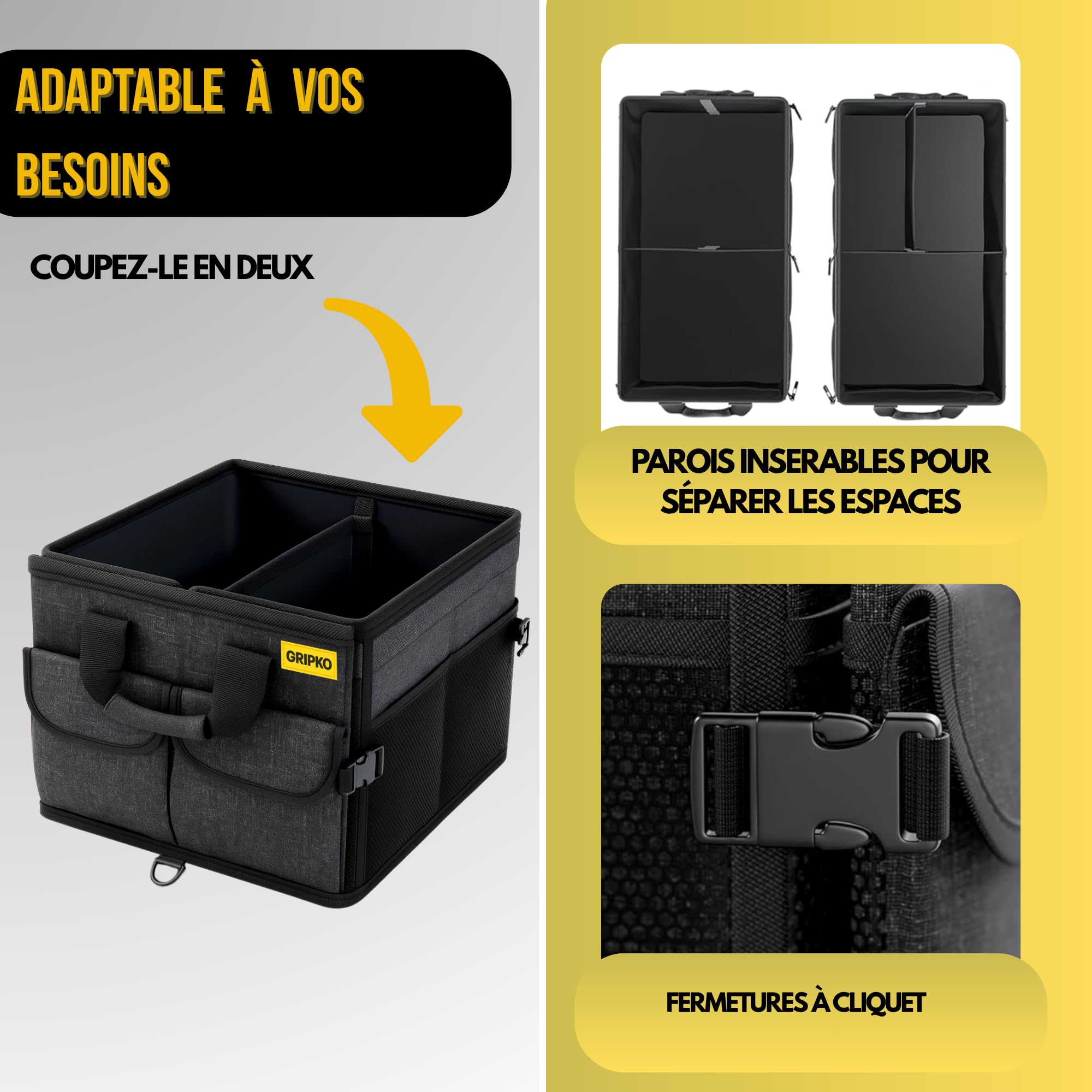 Rangement coffre de voiture 50L Organisateur coffre voiture pliable, base antidérapante et parois renforcées - Accessoires auto utiles pour voyages, camping et usage quotidien