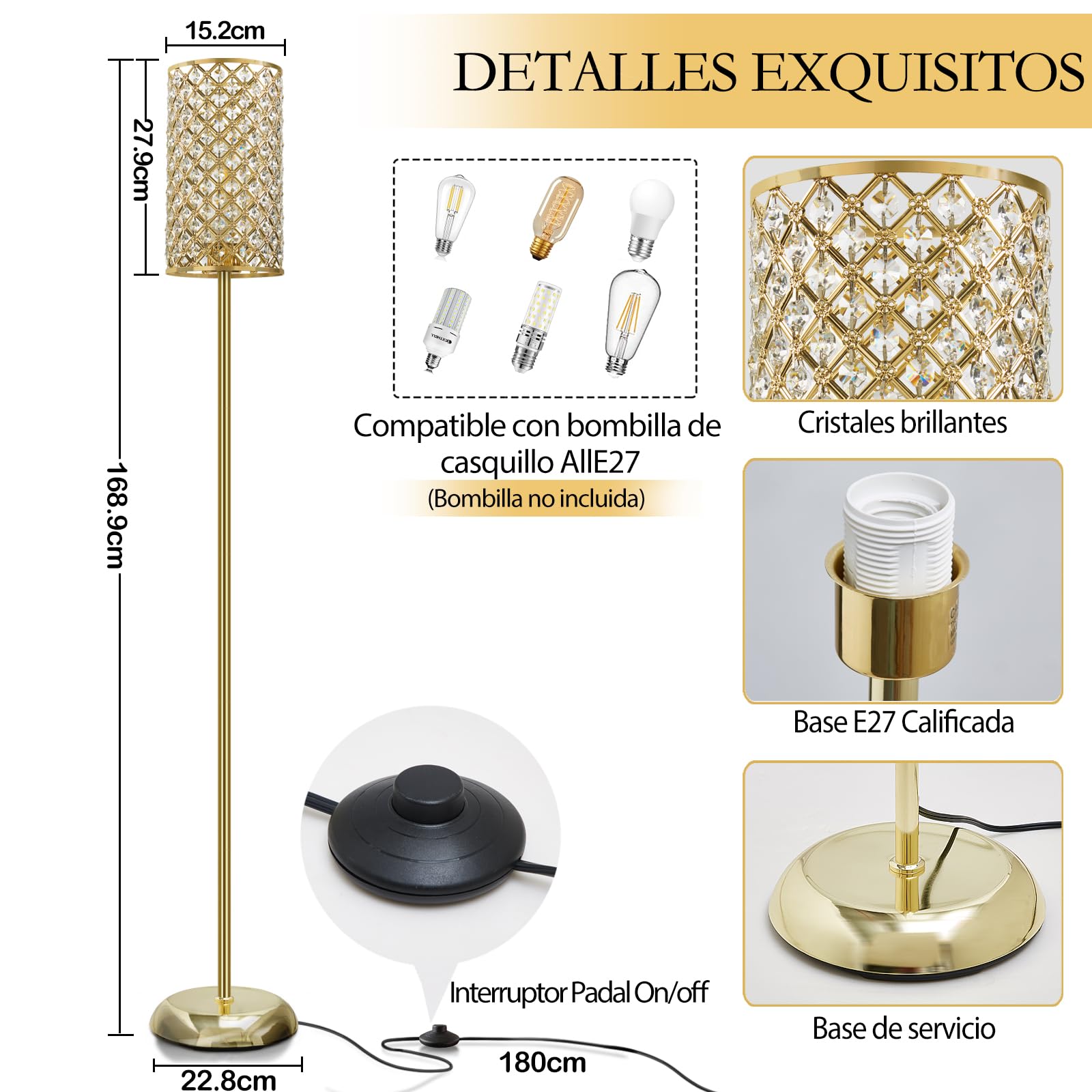 GyroVu Lámpara de pie, elegante lámpara de pie de cristal, moderna lámpara de pie con interruptor de encendido/apagado, iluminación para salón, dormitorio (Dorada)