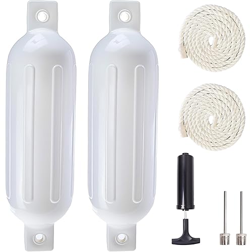 Boat Fenders 2 Pack, 4.5 x 16 Inches Ribbed Twin Eyes Boat Bumpers Fenders for Docking, Comes with Ropes Needles and Pump to Inflate, Blue