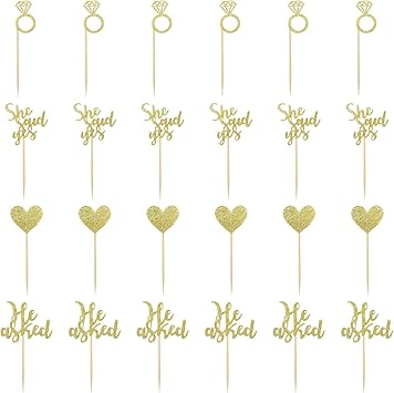 24 Pcs He Asked She Said Yes Cake Topper Gold Cupcake Toppers Heart Diamond Ring Cupcake Picks Glitter Cupcake Decorations for Wedding Engagement Bridal Shower Party Cake Decorations