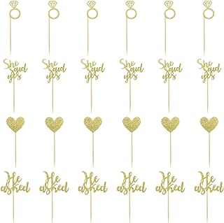 24 Pcs He Asked She Said Yes Cake Topper Gold Cupcake Toppers Heart Diamond Ring Cupcake Picks Glitter Cupcake Decorations for Wedding Engagement Bridal Shower Party Cake Decorations