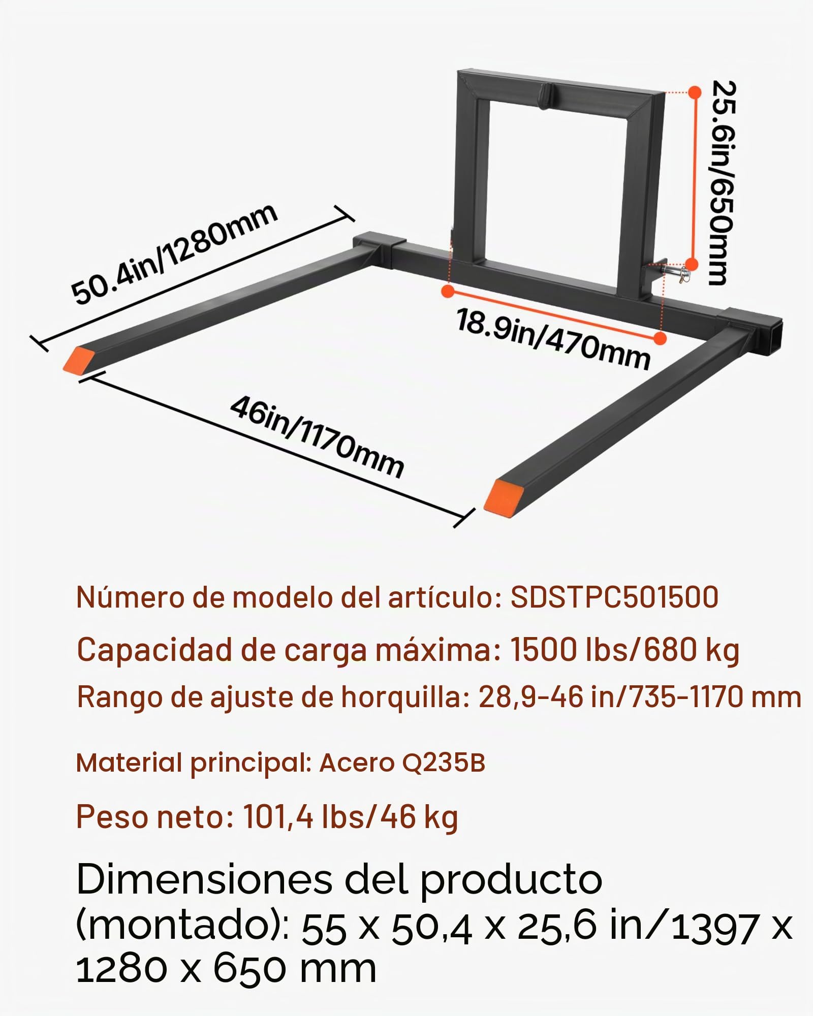 VEVOR Horquillas para Palets de 3 Puntos 680 kg, Abrazadera de Horquillas de Tractor Longitud Total de 128 cm, Ancho Ajustable de 735-1170 mm, Acoplamientos de Enganche Rápido para Tractores de CAT 1