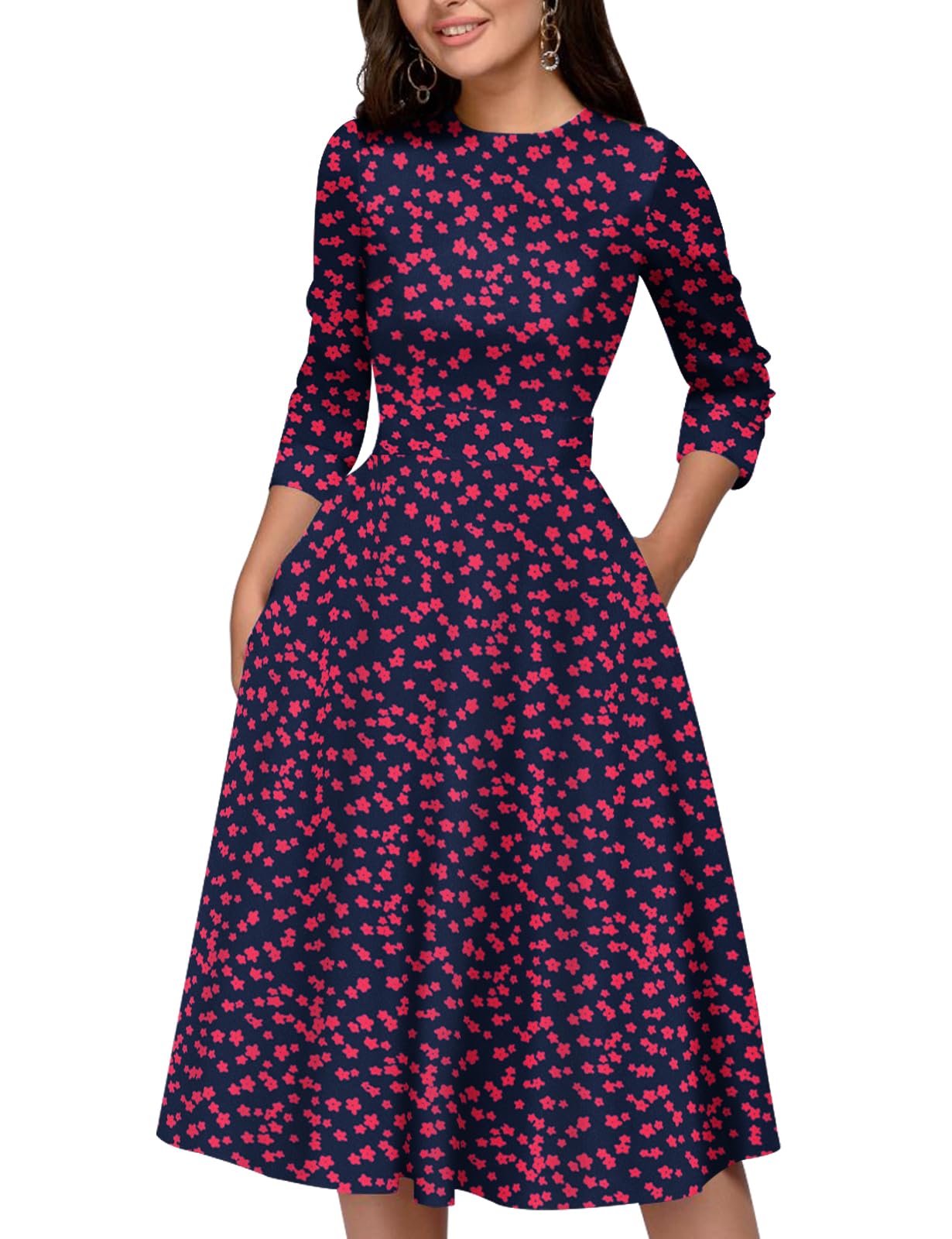 Simple Flavor Women's Floral Vintage Dress Elegant Midi Evening Dress 3/4 Sleeves