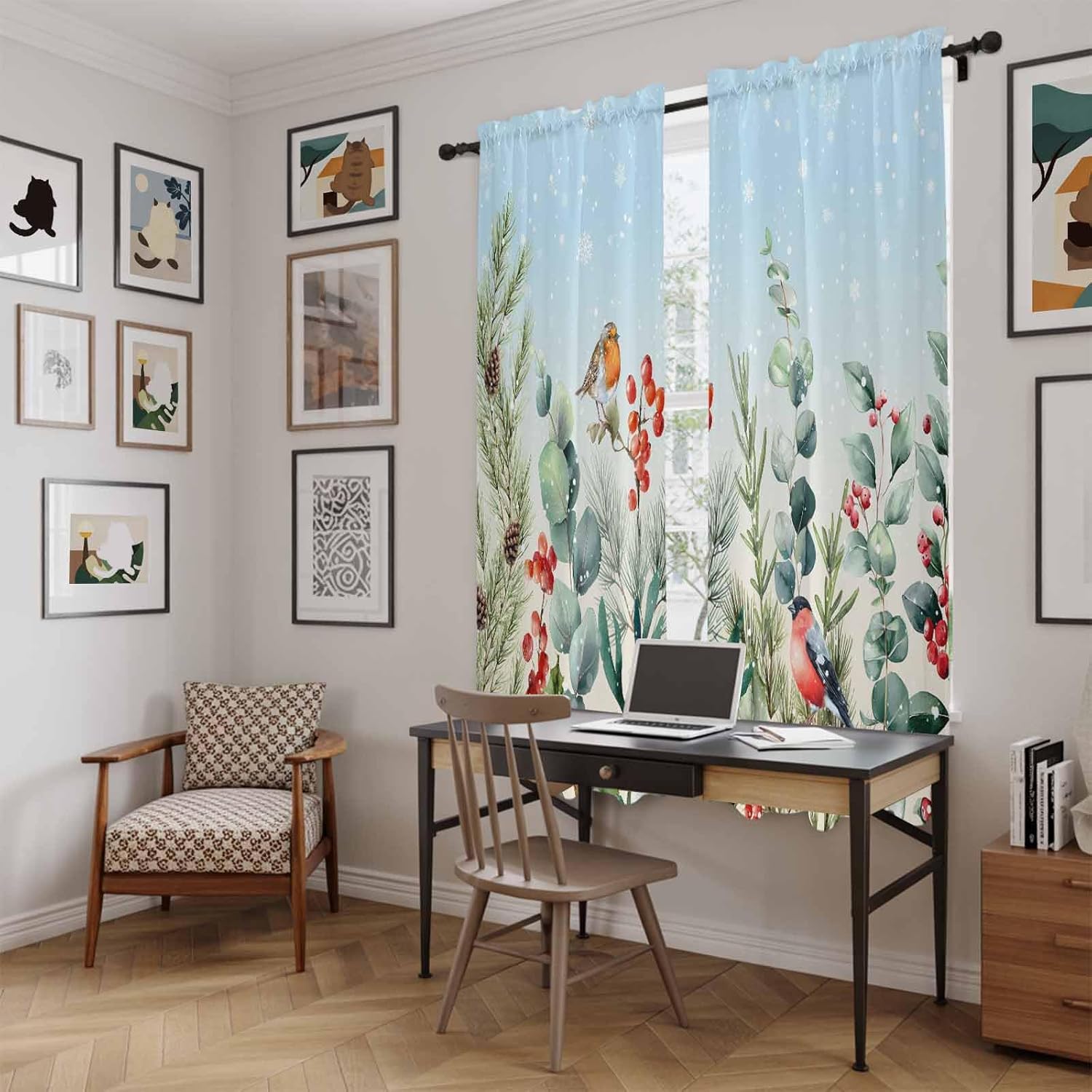 Blue Christmas Window Curtains 72 Inch Long 2 Panel Set, Rod Pocket Long Curtains & Drapes, Eucalyptus Leaves Xmas Botanical Birds Light Filtering Window Treatment for Bedroom Living Room 52"W x 72"L