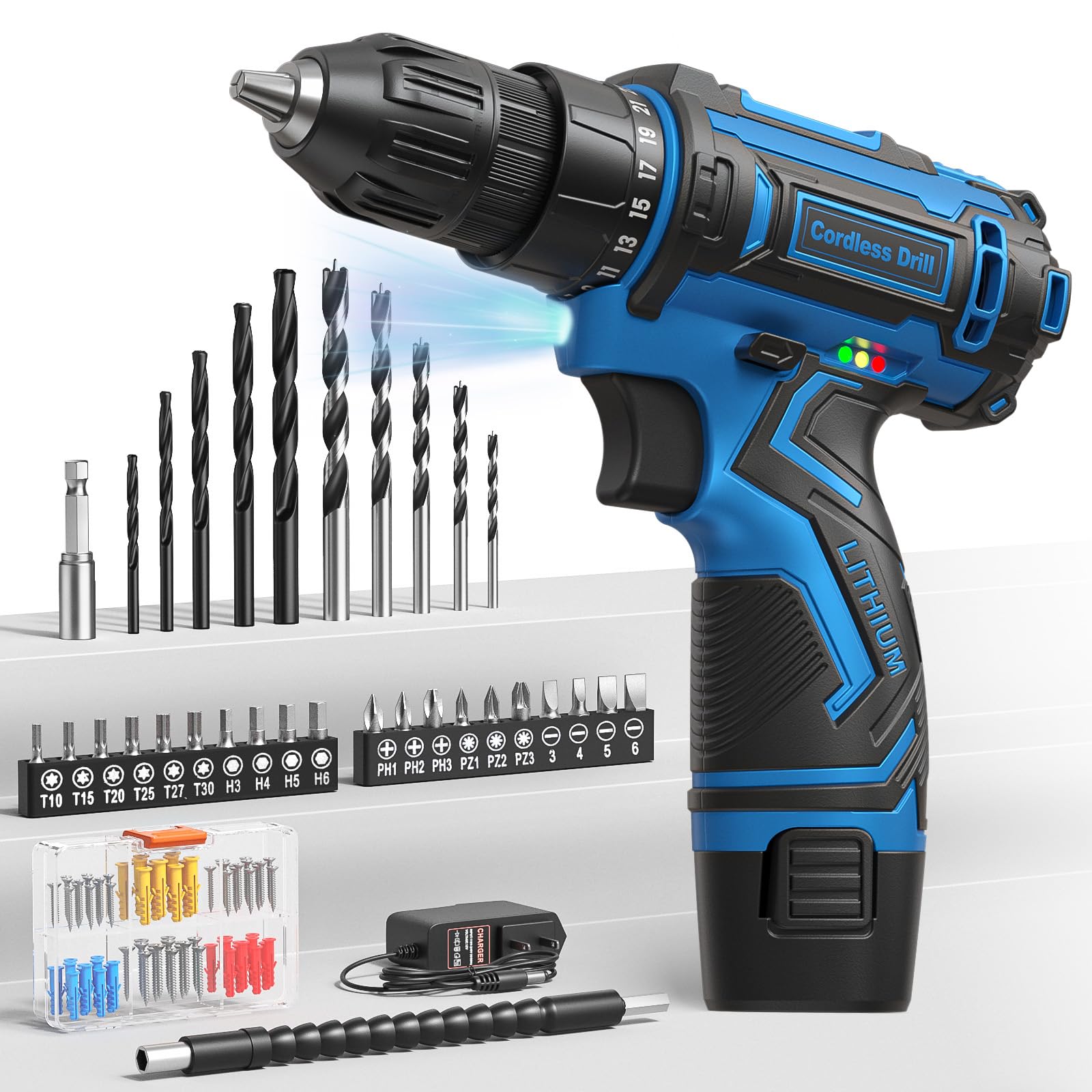 Set di punte senza fili, trapano elettrico da 12 V, mandrino senza chiave da 3/8 pollici con 42 accessori, luce LED integrata, posizione 25+1, trapano elettrico per progetti fai da te nel