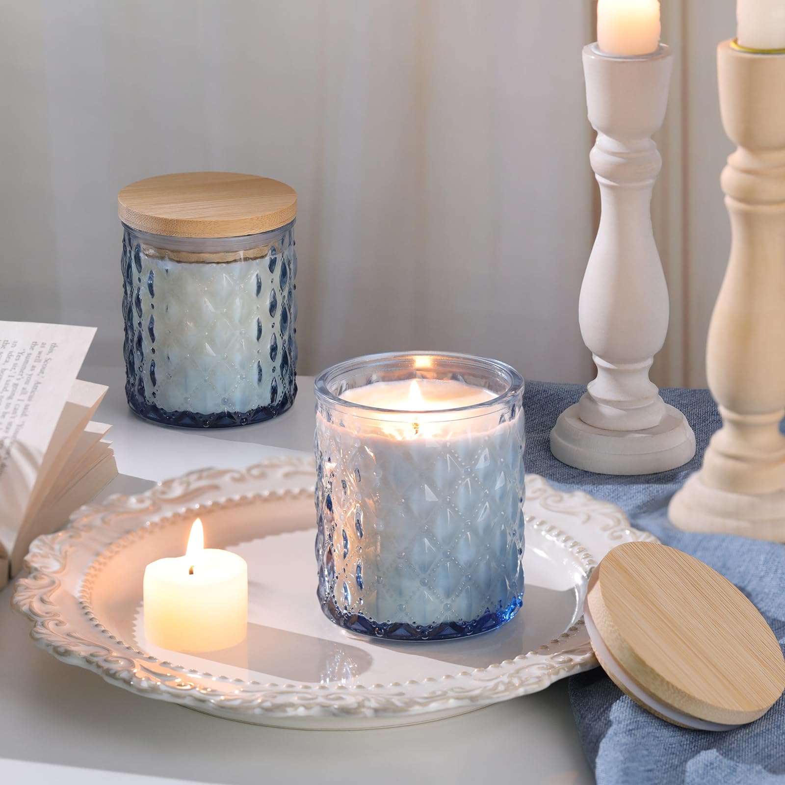 MATAHUM 8 blaue Kerzengläser zur Herstellung von Kerzen, leere Glaskerzenherstellungsgläser mit Bambusdeckel für Kerzenherstellung, Kerzenbehälter, Gefäße für Heim-DIY-Dekoration