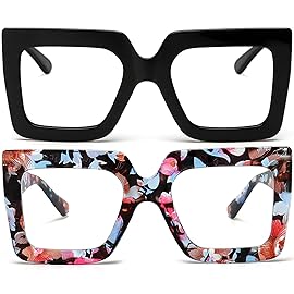 AIEYEZO Oversized Square Blue Light Glasses for Women Cute Big Frame Glasses Fashion Clear Multi-Color Computer Eyewear (Black + Flower)