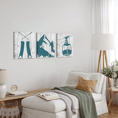 Miniatura 3 de LevvArts Lienzo de esquí de 3 piezas, arte de pared, pintura abstracta de montaña, póster de deportes de invierno, vintage, verde azulado, hogar,