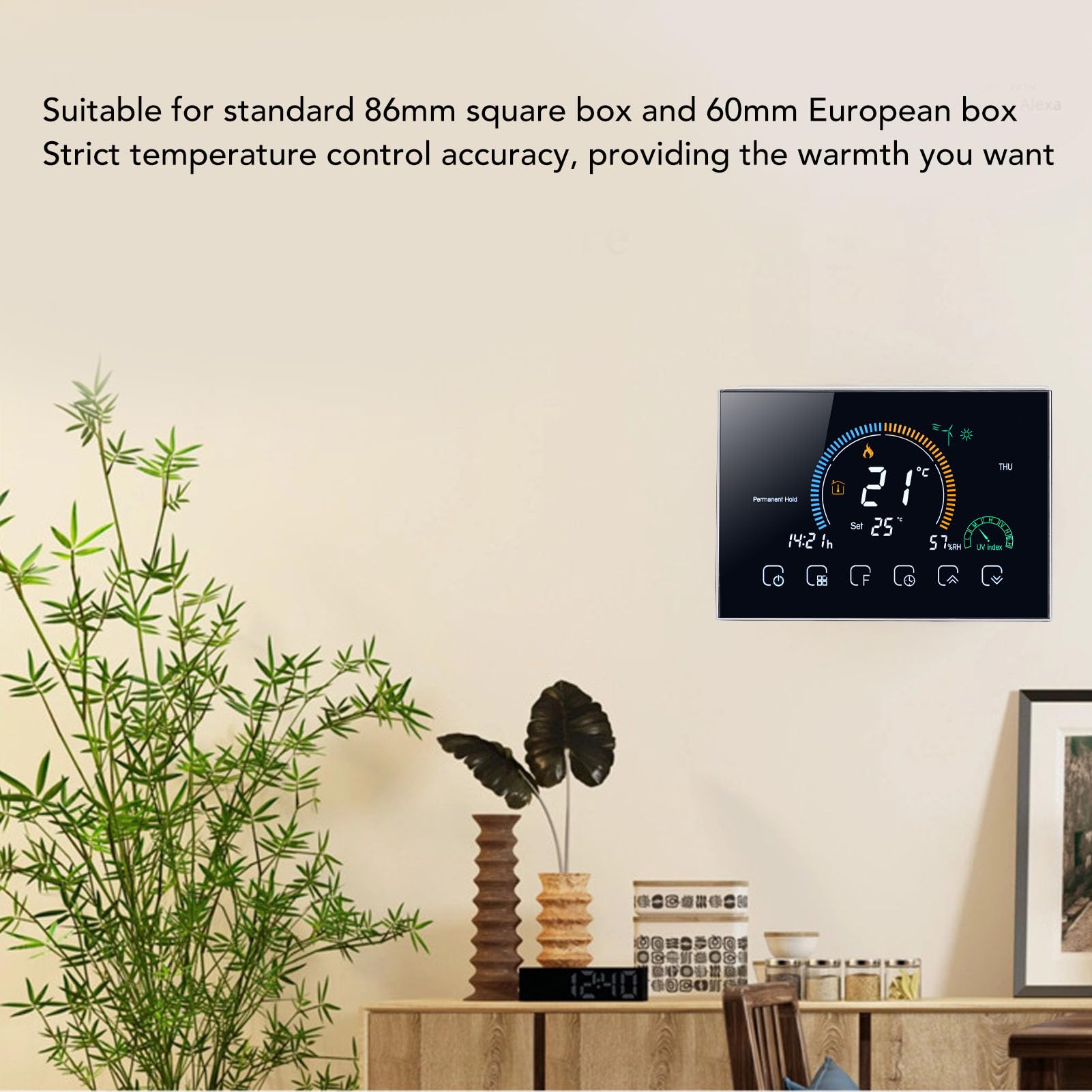 Programowalny inteligentny regulator temperatury 95–240 V do systemów HVAC — termostat centralnego klimatyzatora z ekranem dotykowym LED i łącznością Wi-Fi, czarne wykończenie, (Czarny)