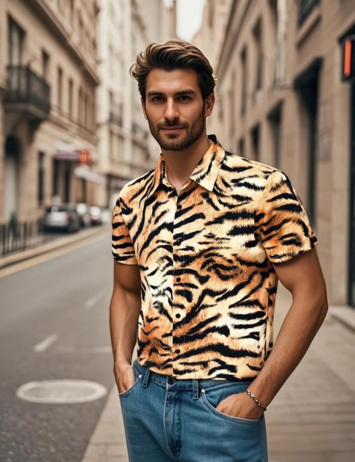 Mens Animal Print Short Sleeve Button Casual Hawaiian Shirts