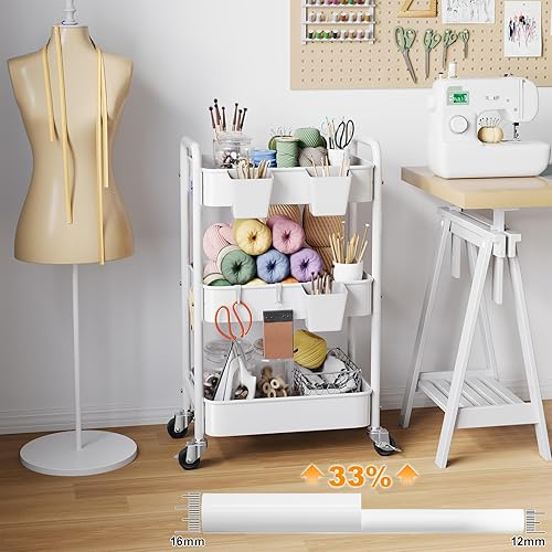 Miniatura 5 de Carrito de metal con ruedas de 3 niveles, organizador blanco de tres niveles para manualidades, carritos de almacenamiento para arte, guardería de