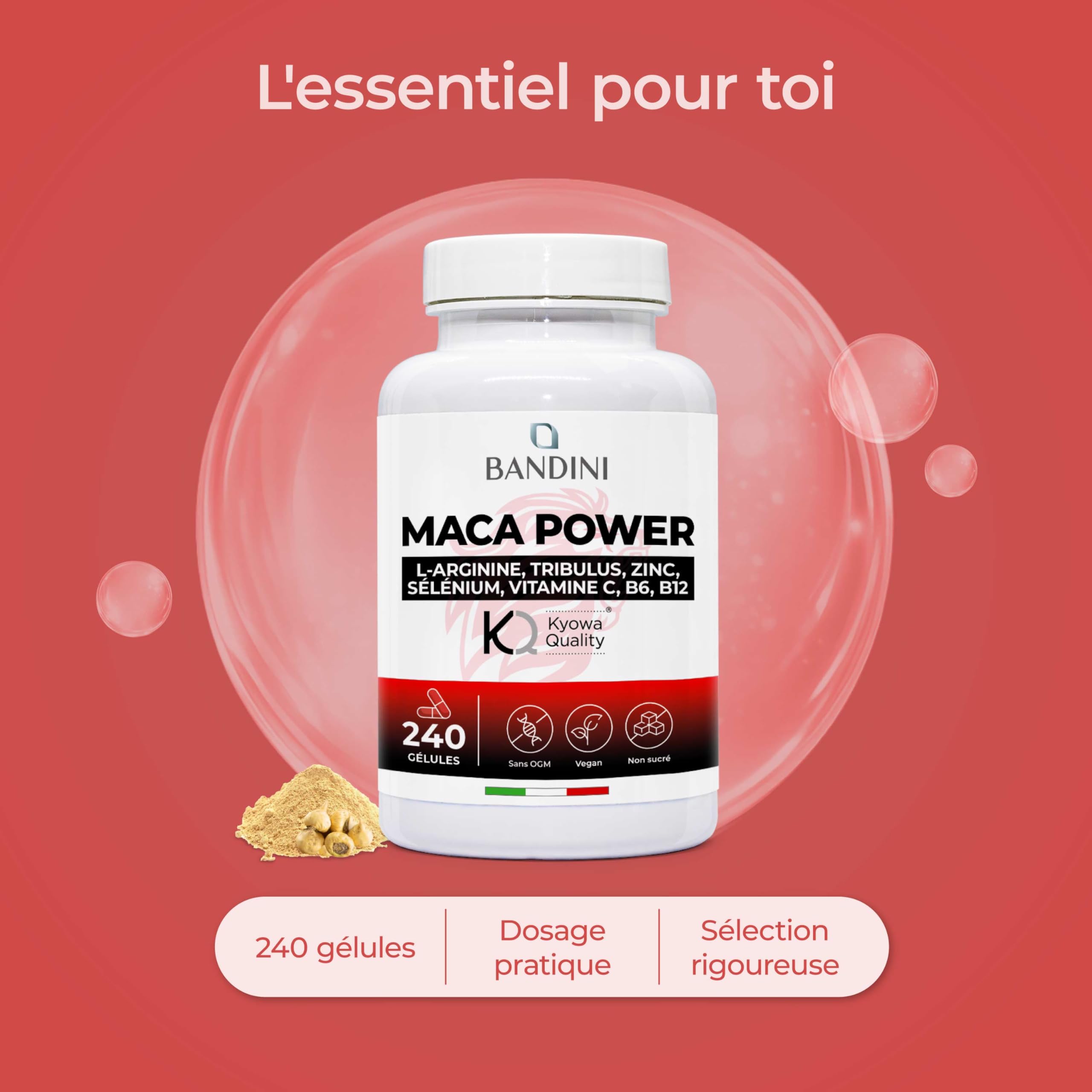 Bandini® MACA POWER 240 Gélules - Maca noire enrichi avec Arginine Kyowa® + Tribulus + Vitamine C + Zinc + B6 + B12 + Sélénium - Anti-stress, augmente Endurance et Énergie - 100% Vegan