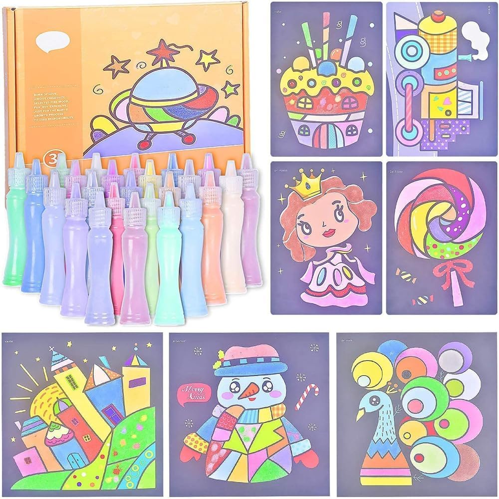Azonee Kids Sand Art Kits - 24 Bottles of Colored Sand & 41 Sand Art Painting Cards, DIY Arts & Crafts for Boys & Girls