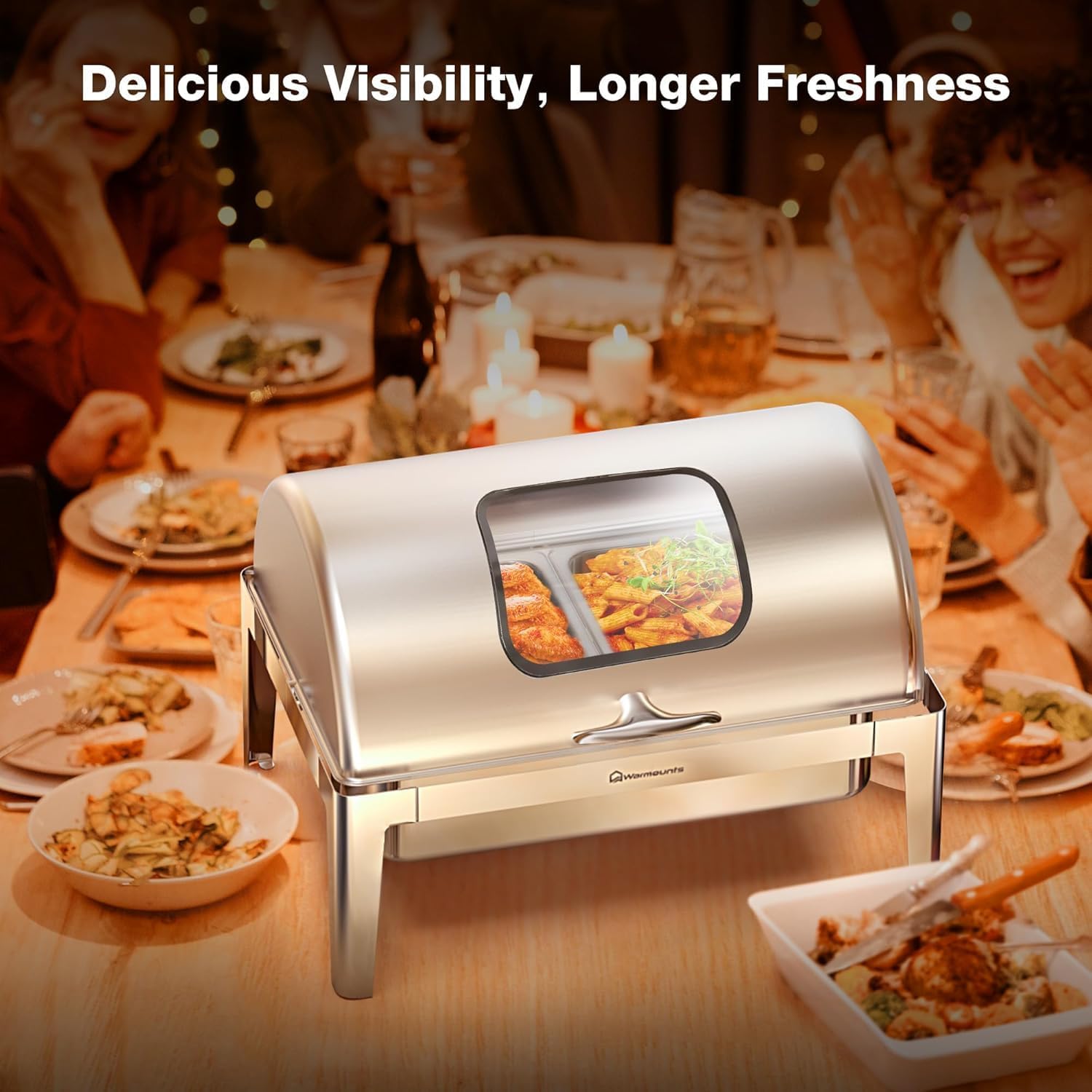 WARMOUNTS 9QT 180° Roll Top Chafing Dishes for Buffet with Glass Top, Rectangular Chafers and Buffet Warmers Sets with Mirror-Polished Stainless Steel, Rolled Rim for Event, Hotel (Half-Size Food Pan)