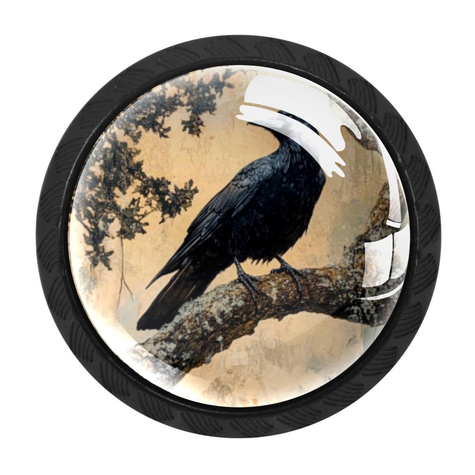 CHENZZZZ 4 Pack Cabinet Handles_Black Crow Sitting on Branch of Oak TRE Kitchen Drawer Pulls Furniture Door Handles for Cupboard Bedroom Wardrobe