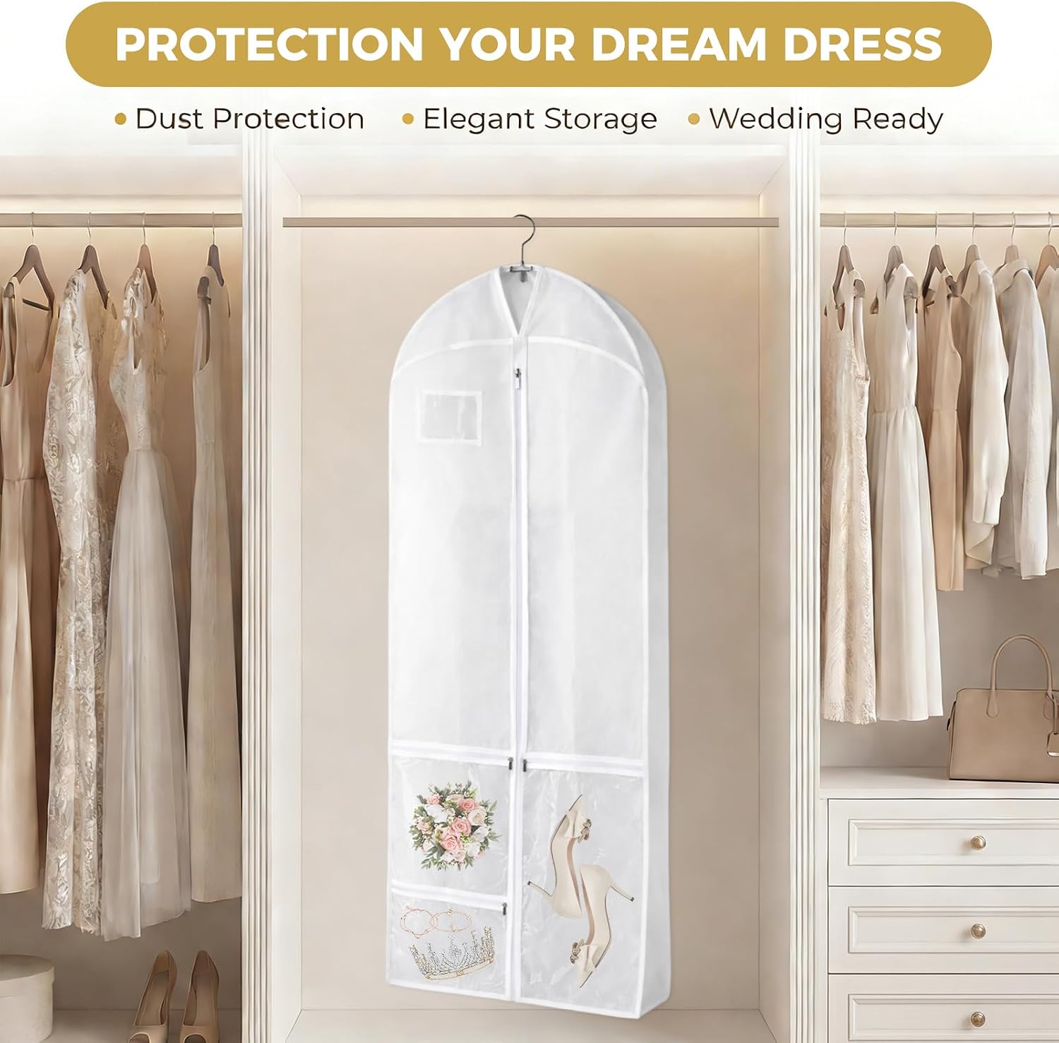 72 Inch Wedding Dress Garment Bag with 3 Pockets, Widened Bottom Bridal Gown Garment Bag for Travel & Closet Organization, Long Dress Storage Bag
