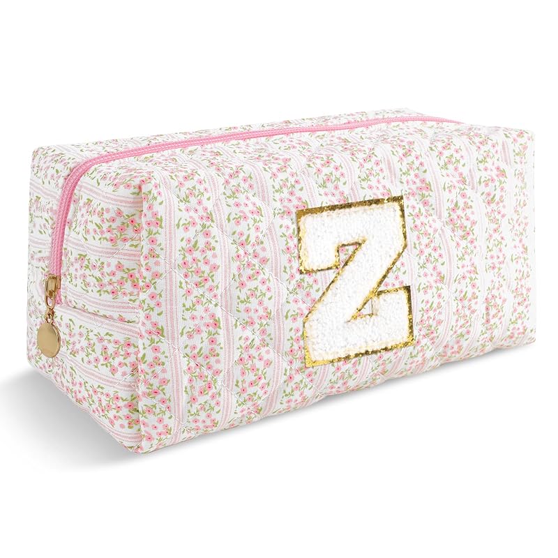 Necessaire acolchoada para cosméticos ChaoGreat com monograma floral, zíper e estampa Pink, Z