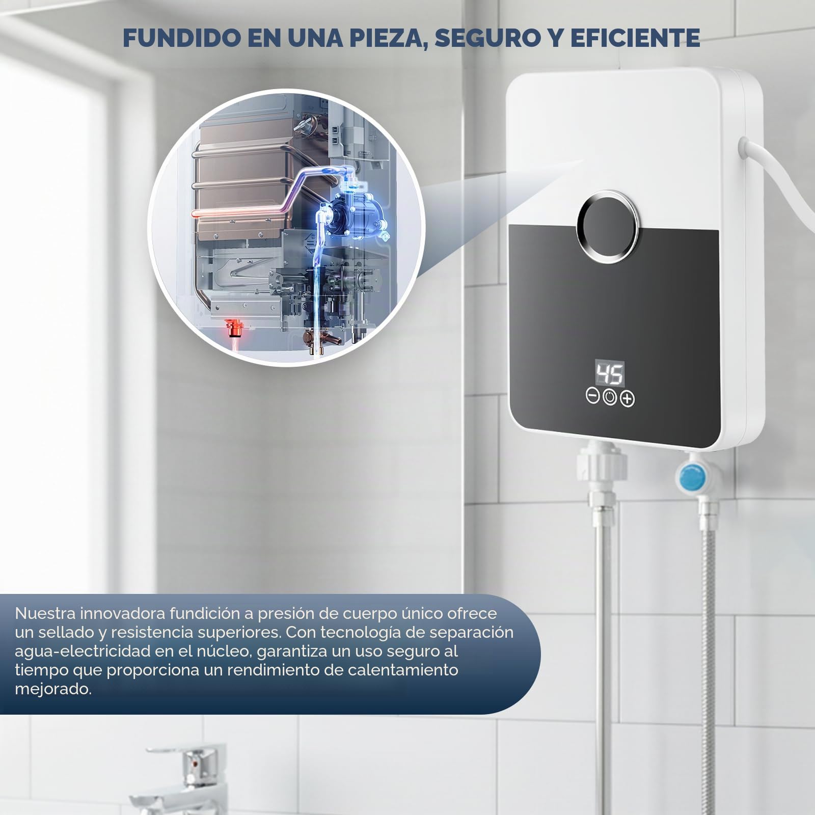 Calentador Instantáneo de Agua Eléctrico 6000W con Ducha, Mini Termo Eléctrico de Bajo Fregadero con Pantalla Táctil LED para Cocina y Baño, Clase A, Acero Inoxidable