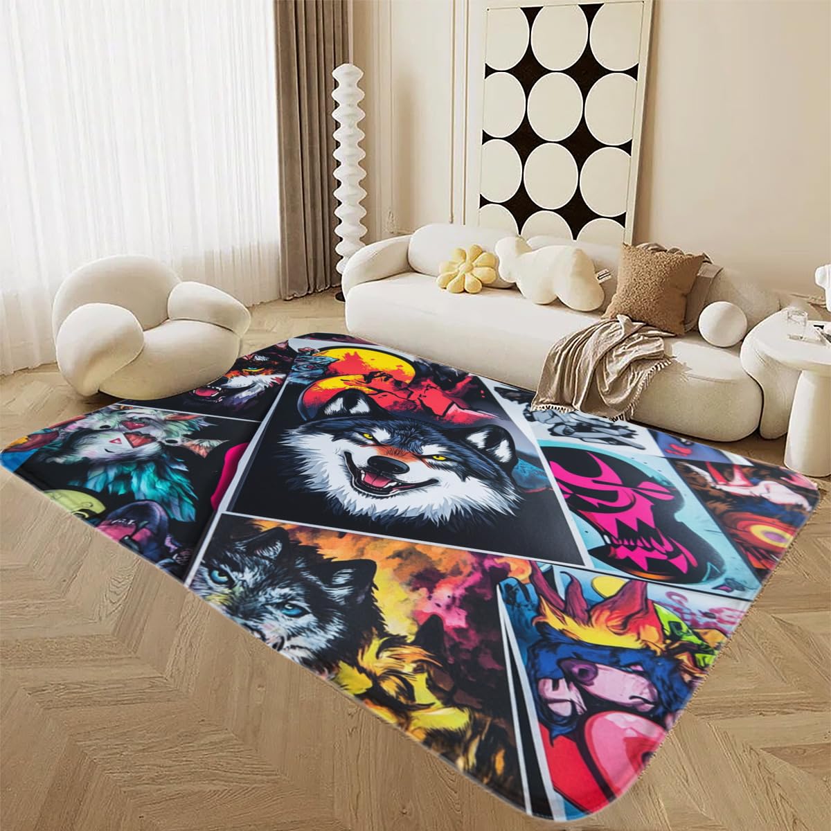 Tapis de salon antidérapant en flanelle Wolfss pour décoration intérieure