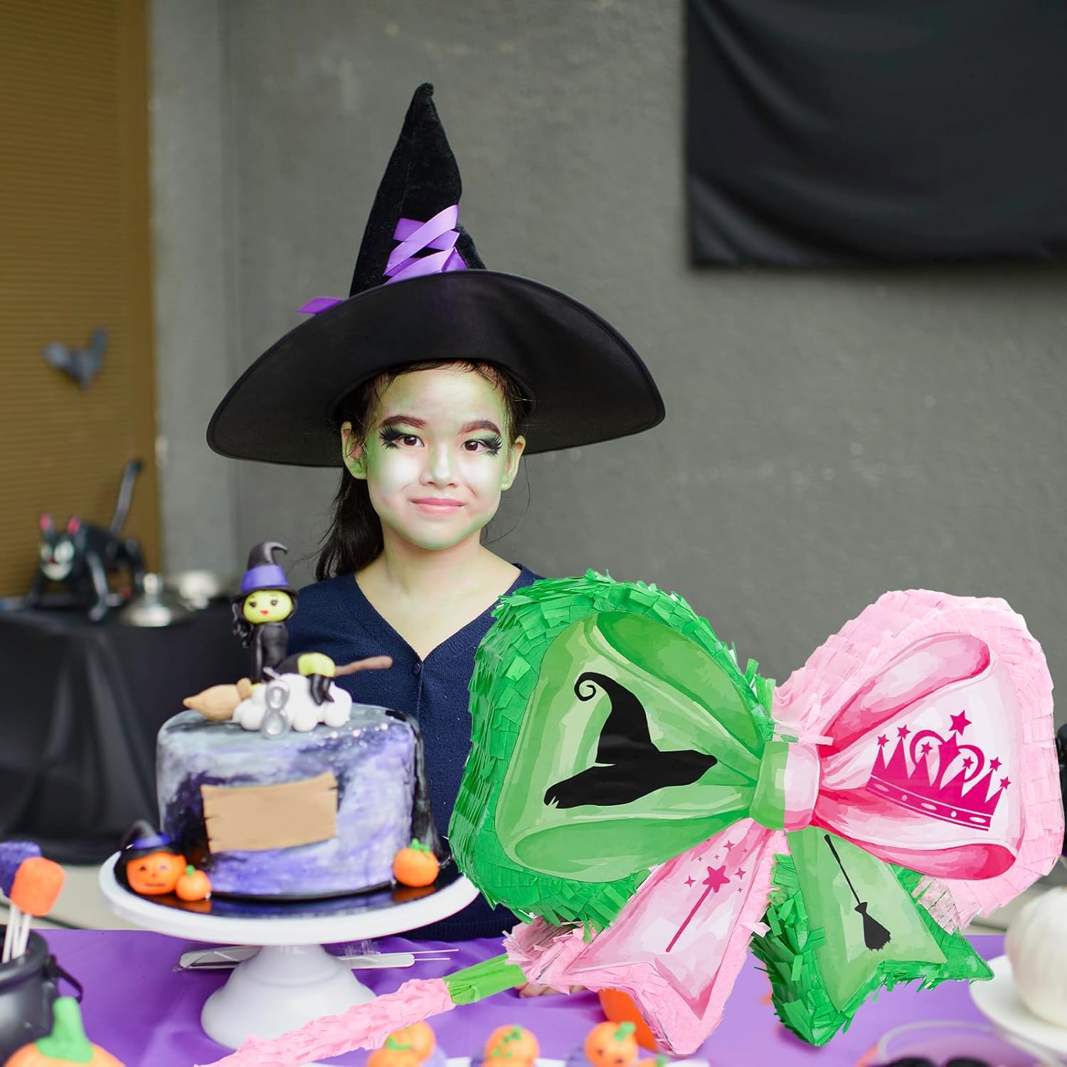 Witch Party Favors Pink and Green Game Set, Witch Pinata with Stick and Blindfold Witch and Princess Crafts Pink and Green Party Decor for Birthday Baby Shower Game Supplies