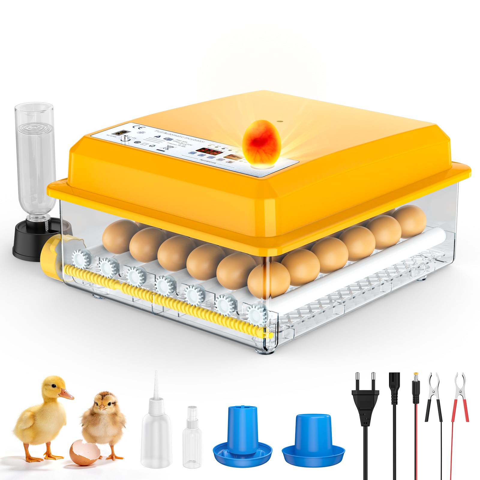 Couveuse Oeuf Automatique, Incubateur [16/36/64/120] Oeufs avec Retournement et Ajout d'Eau Automatiques, Double Alimentation 12V/220V, Contrôle Température, Mire-Œuf, pour Poules et Cailles