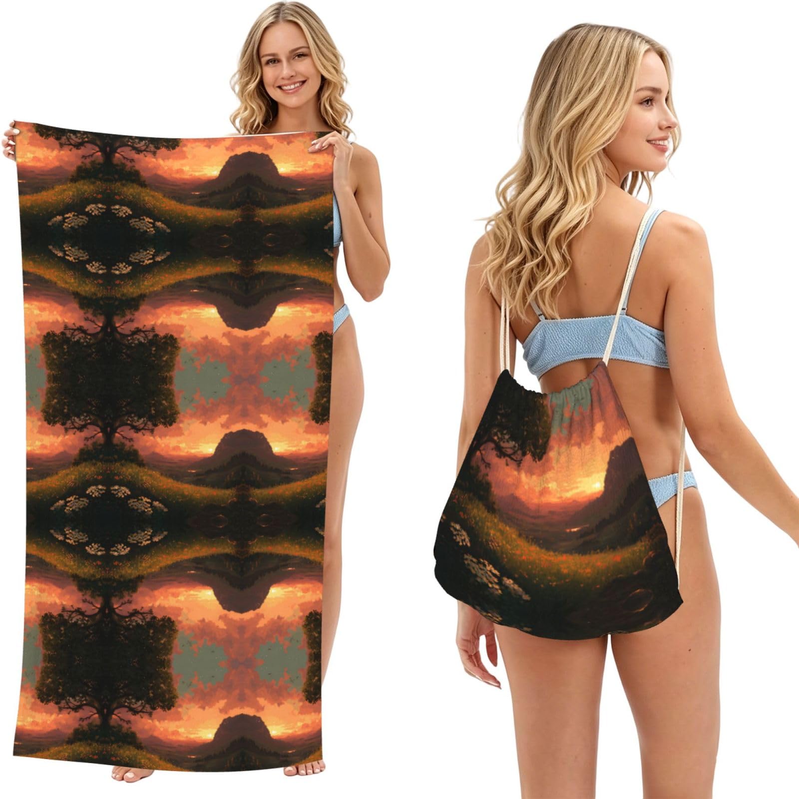 EZDLOWVBA Summer Sunset Print Beach Towel Backpack 2 In 1 Summer Large Lightweight Beach Towel - Multifunctional Ship Pattern Towel Bag For Storage,Sport
