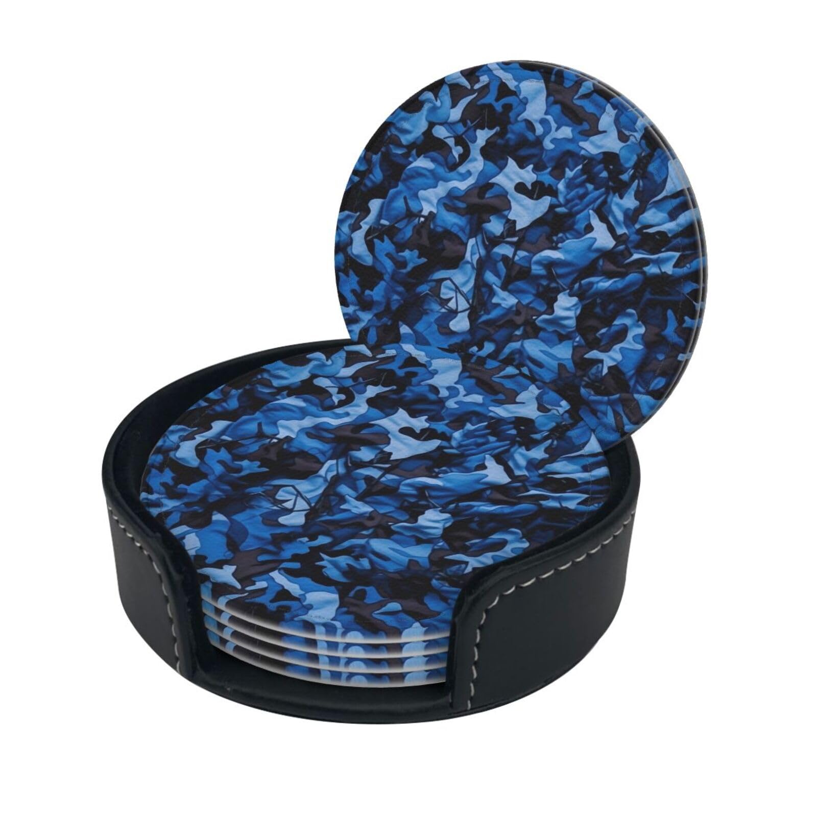 Smazdfxx Women's As Pic Stylish Coasters - Blue Camo Set Of 6 Round Leather Drink Coasters With Holder - Perfect Size For Cups And Glasses