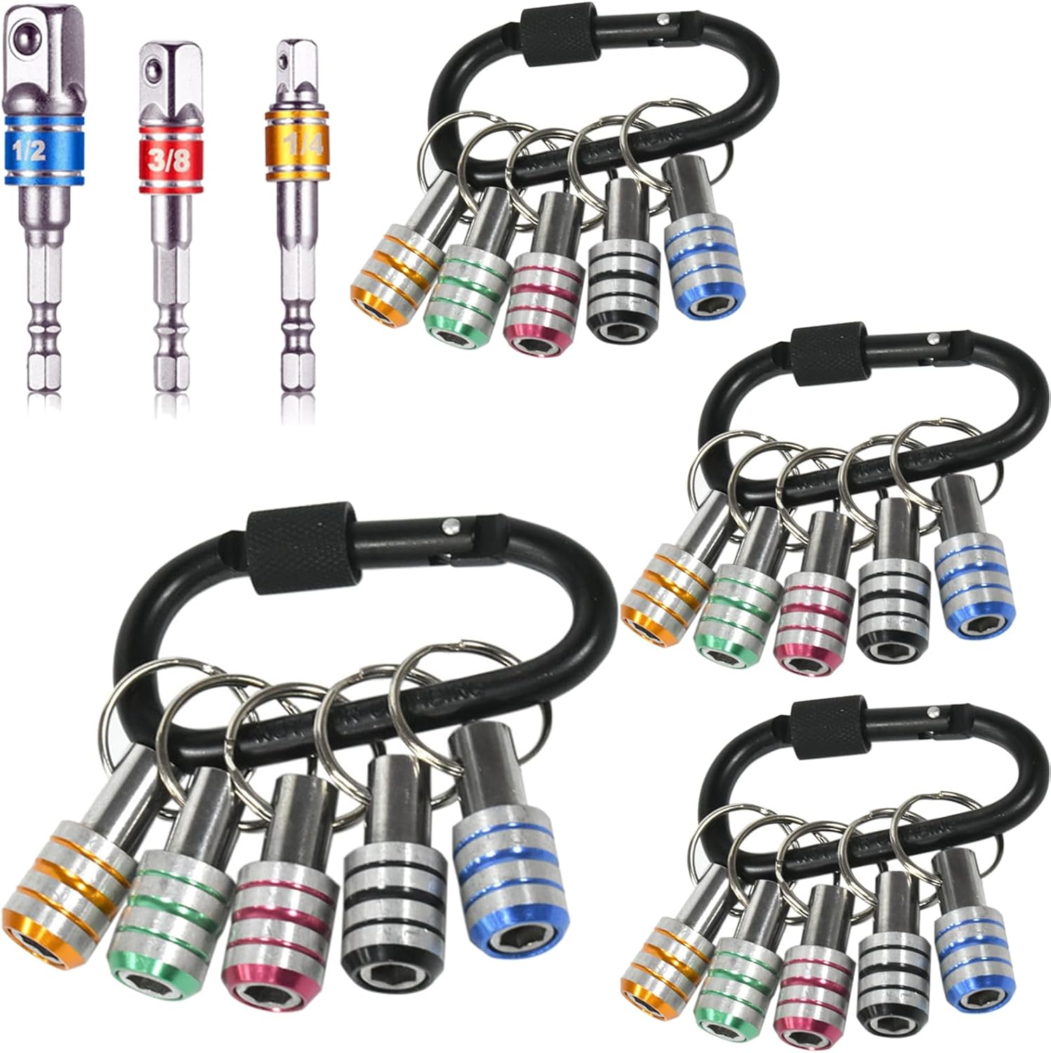 1/4 Inch Hex Shank Aluminum Alloy Screwdriver Bits Holder Keychain Extension Bar Carabiner Hexagonal Handle Drill Bit Storage Post Portable Light Weight Bit Holder 27Pack