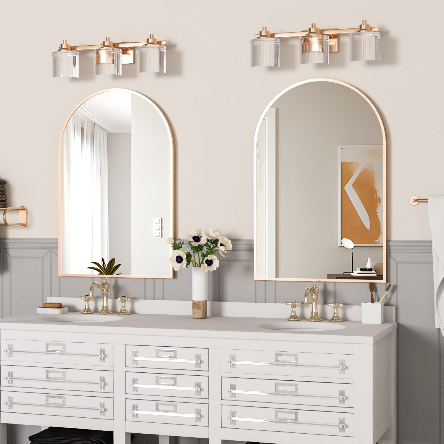 NEUWEABY Wall Mounted Mirror, Arched Wall Mirror for Bathroom, 2 Pieces 24"x36" Arch Bathroom Mirror with Metal Frame, Gold Vanity Mirror Decor for