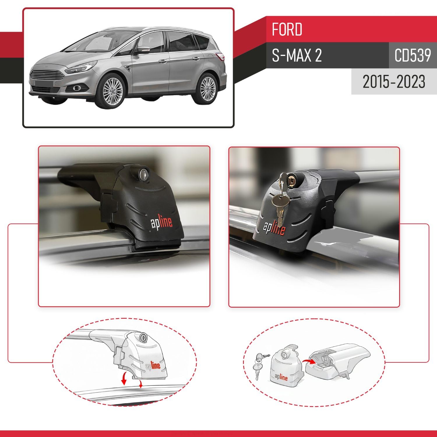 Kompatybilny z Fordem S-Max 2015-2023, bagażnik relingowy ACE-2, bagażnik dachowy, bagażnik do przewozu ładunku, SZARY