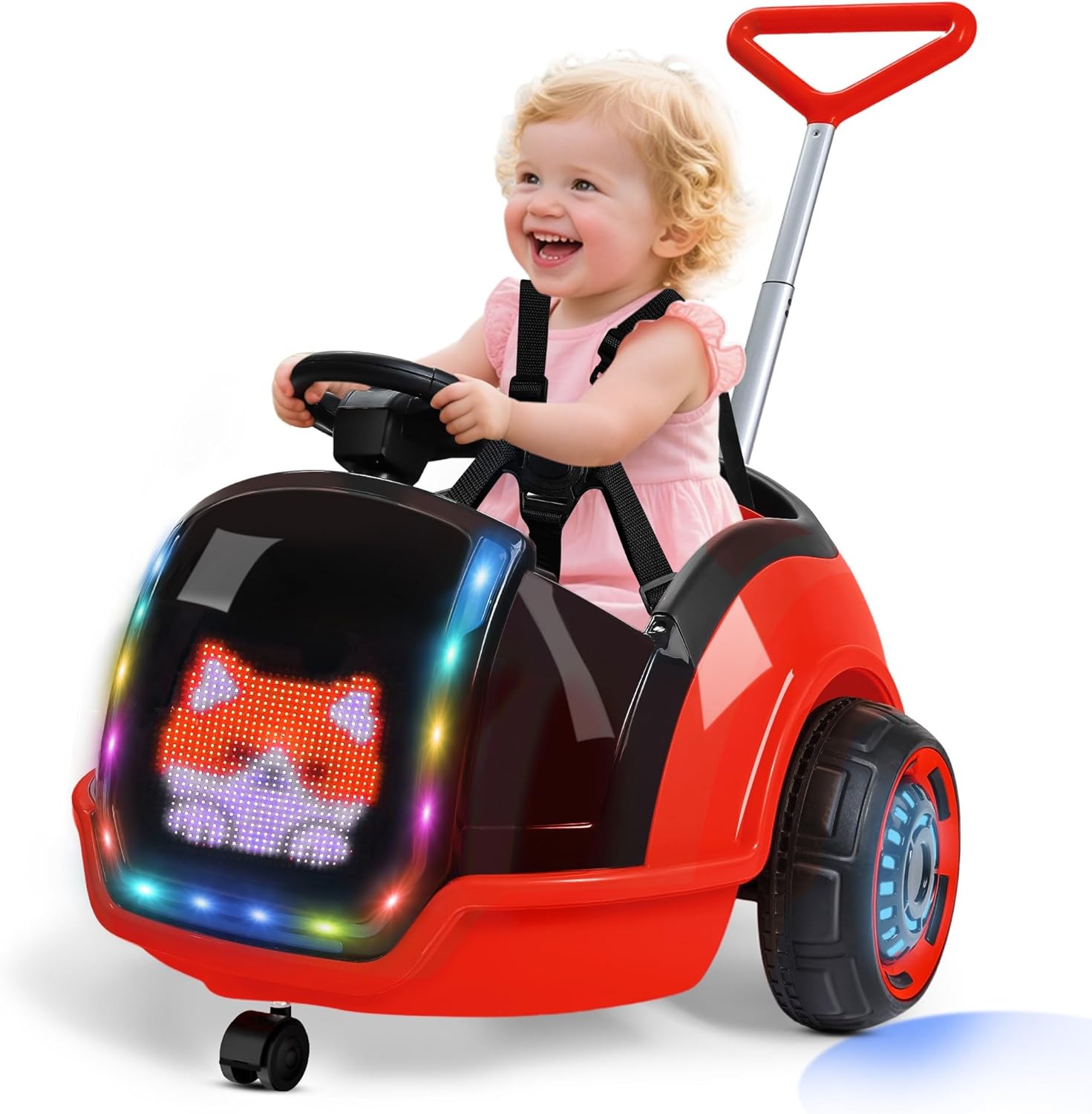 ANPABO 3-in-1 Electric Push Ride On Car, 12V Kids Ride On Toy w/Remote Control, 360° Spin, LED Display, 5-Point Safety Belt, Colorful LED Light, Music Player, Push Car for Toddler Ages 1-3 (Red)