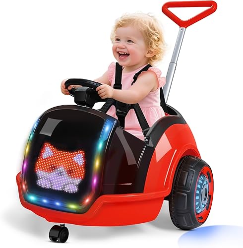 ANPABO Auto eléctrico 3 en 1, juguete de paseo para niños de 12 V con control remoto, giro de 360, pantalla LED, luz LED colorida, cinturón de