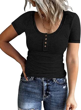 PIIRESO Women's Short Sleeve Button Scoop Neck Ribbed Shirts Summer Casual Solid Color Henley Top