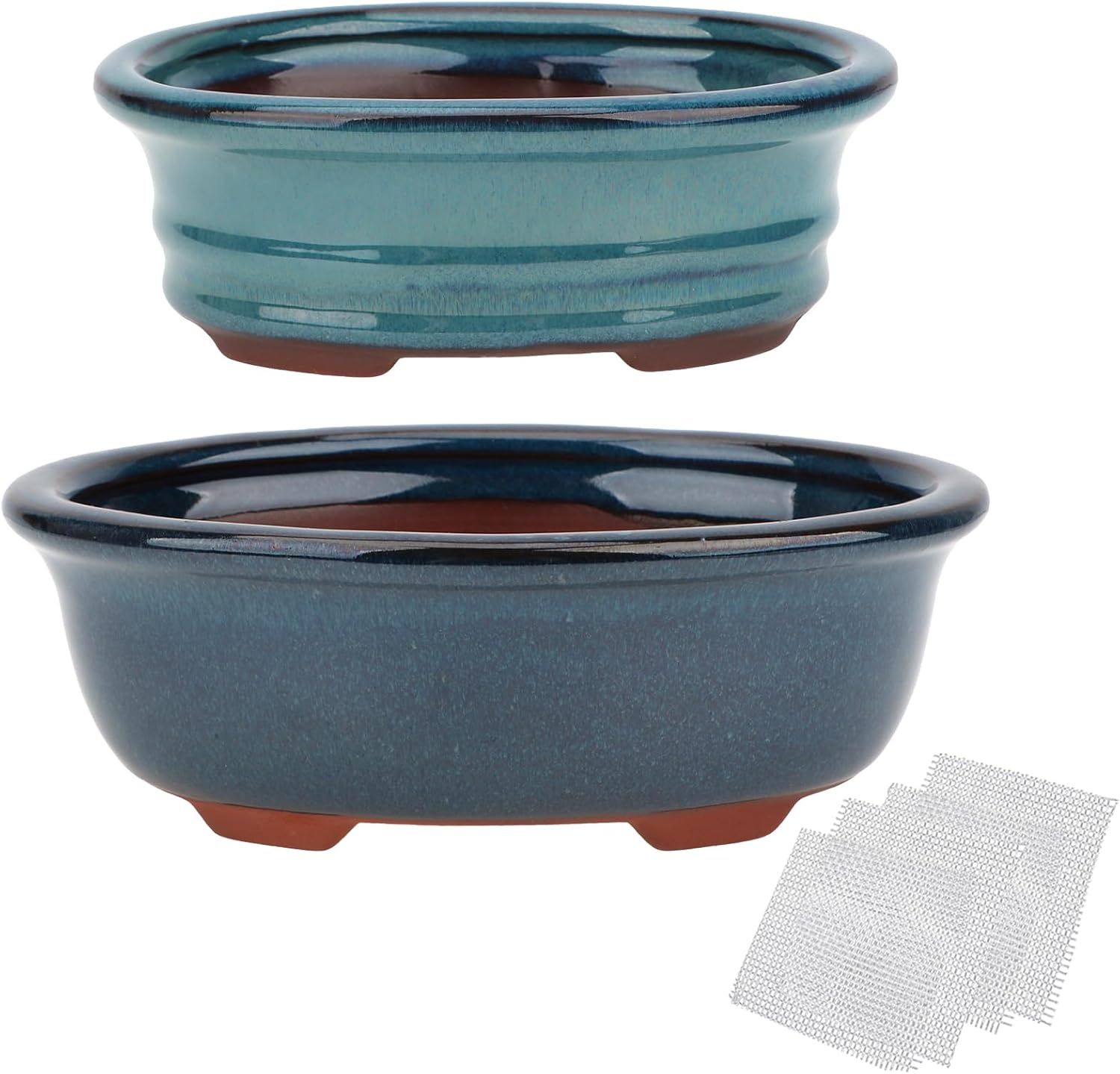 Bonsai Planter Succulent 5.7" 7" Glazed Pots, Value Set of 2 + 4 Soft Mesh Drainage Screens