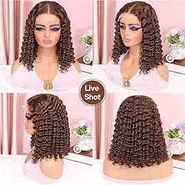 omswet Curly BOB Wig Human Hair 200 Density 5x5 HD Lace Closure Deep Wave Wigs for Black Women Glueless Wear and Go Pre Plucked Deep Wave Wet and Wavy Glueless Wigs Human Hair Chocolate Brown 14 Inch