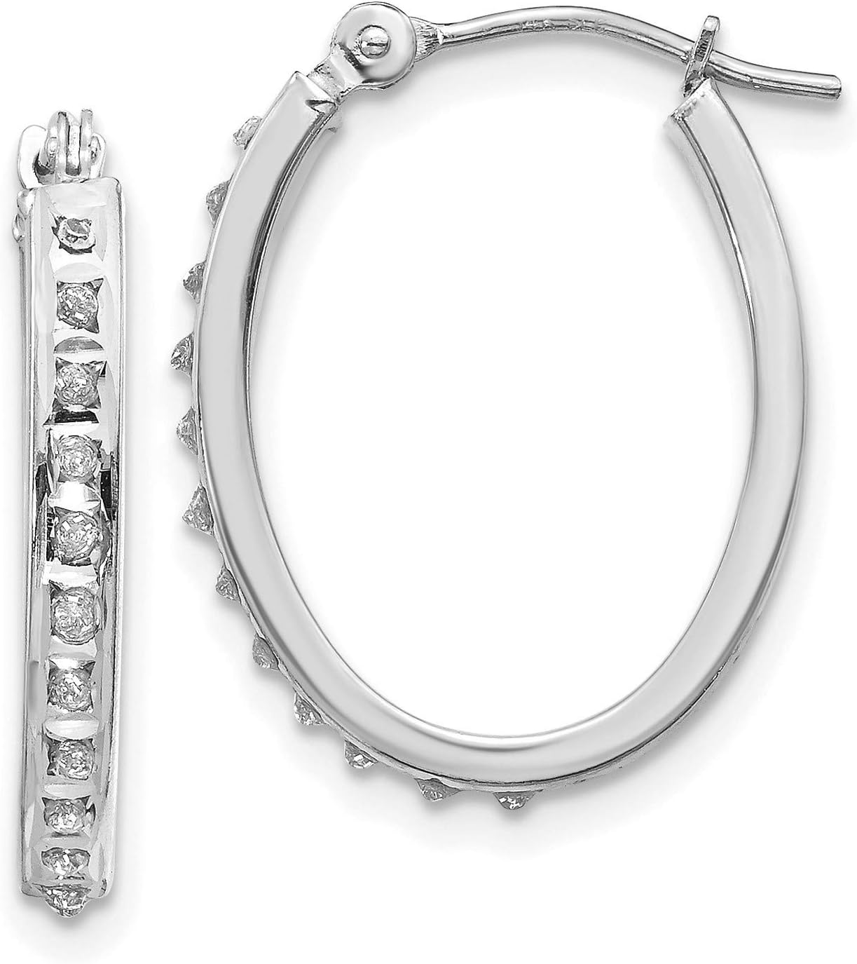 14k White Gold Oval Diamond Hoop Earrings, Hinged Design, 19 x 2 mm, 0.01 cttw, I1–I3 Clarity, I–J Color, Women’s