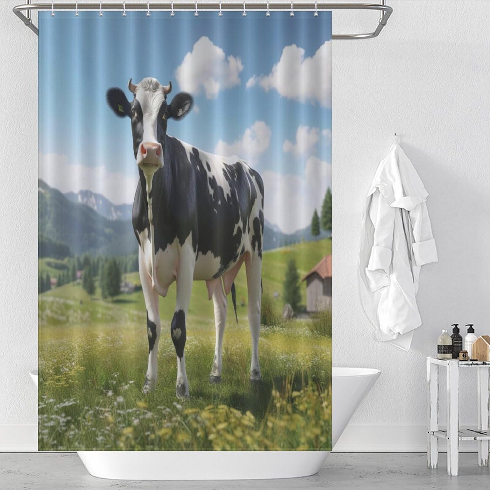 Rideau de douche vache anti-éclaboussures en tissu polyester