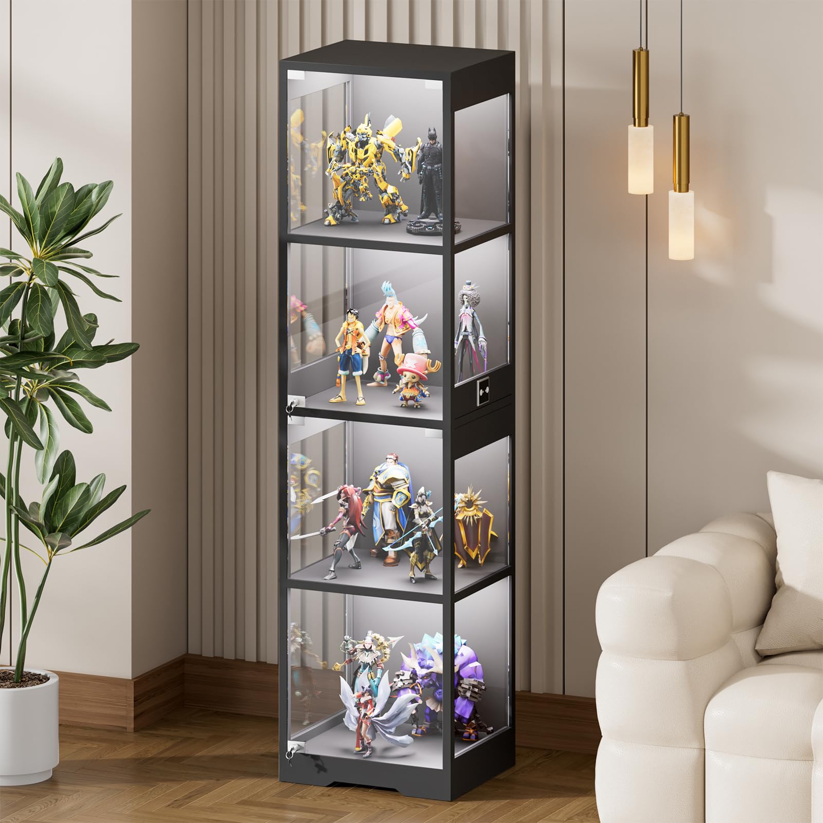 Vetrina in vetro con illuminazione a LED, vetrina con vetro temperato di sicurezza e chiusura magnetica, vetrina da collezione con sensore intelligente, 4 strati, antipolvere, per soggiorno, ufficio
