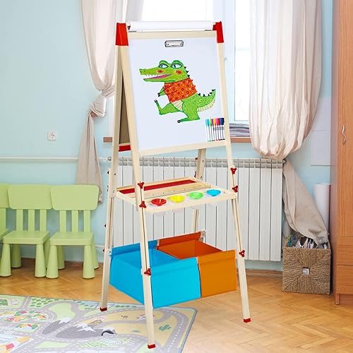 Miniatura 8 de RenFox Caballete para niños, caballete de arte ajustable para niños, más de 140 accesorios, pizarra magnética de borrado en seco de doble cara y