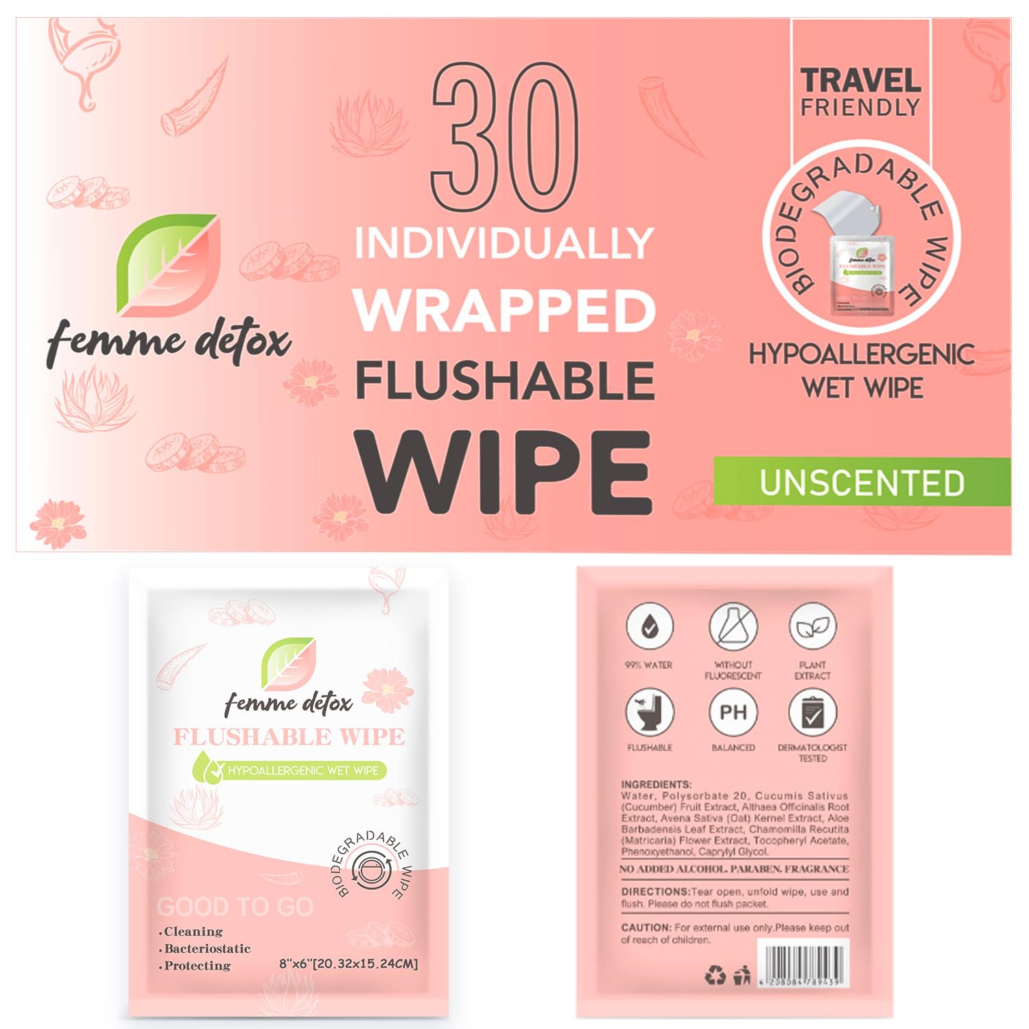 Flushable Feminine Wipes pH-Balanced & Unscented for Sensitive Skin | Individually Wrapped, Septic-Safe, Aloe-Infused | Travel & Home Use (90 Count)