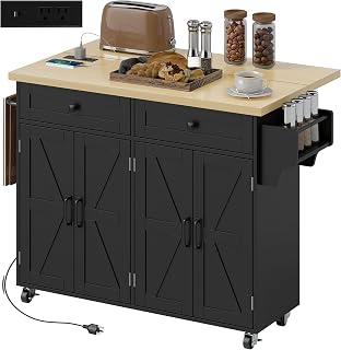 HOMCOM Kitchen Island with Storage, Rolling Kitchen Cart on Wheels with Charging Station, Drop Leaf, Spice Rack, Towel Rack, Drawers, Island Table for Kitchen, Dining Room, Black