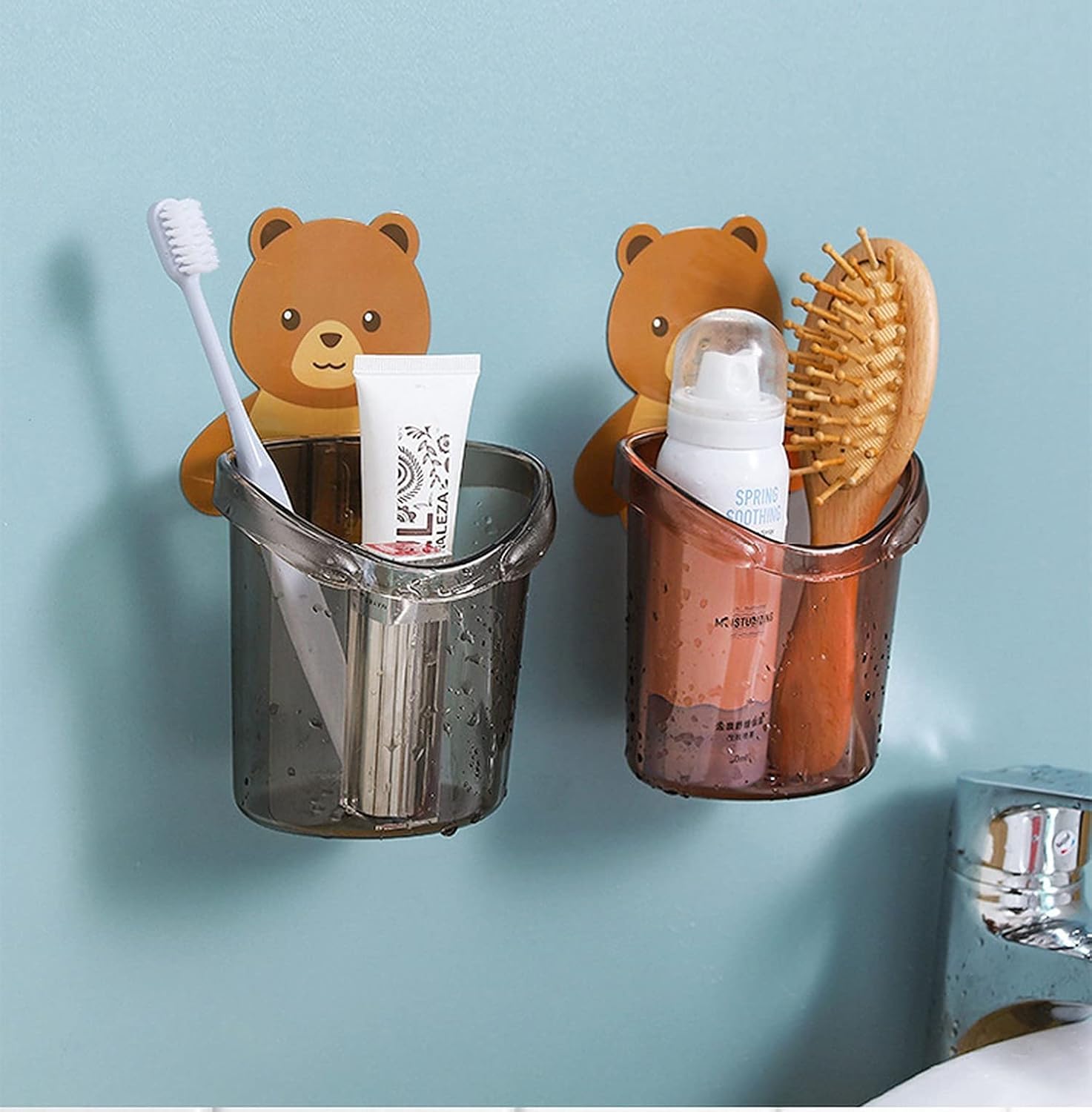 Toothbrush Holder (Set of 2 Pcs) Plastic Stand for Toothpaste, Comb, Brush, Cream, Lotion Kids Bathroom Cup Drain Waterproof Self-Adhesive, Teddy Bear