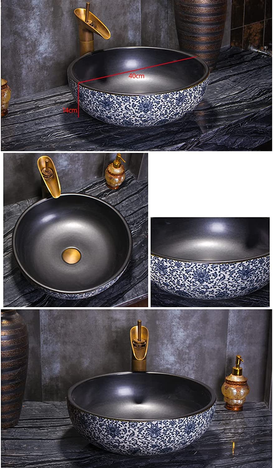 Ceramiczna Umywalka Łazienkowa, Ręcznie Rzeźbiona Umywalka Nablatowa, Ceramiczna Umywalka Łazienkowa Nablatowa Z Kranem I Odpływem, Umywalka W Stylu Industrialnym 40 * 40 * 14,Singlebasin