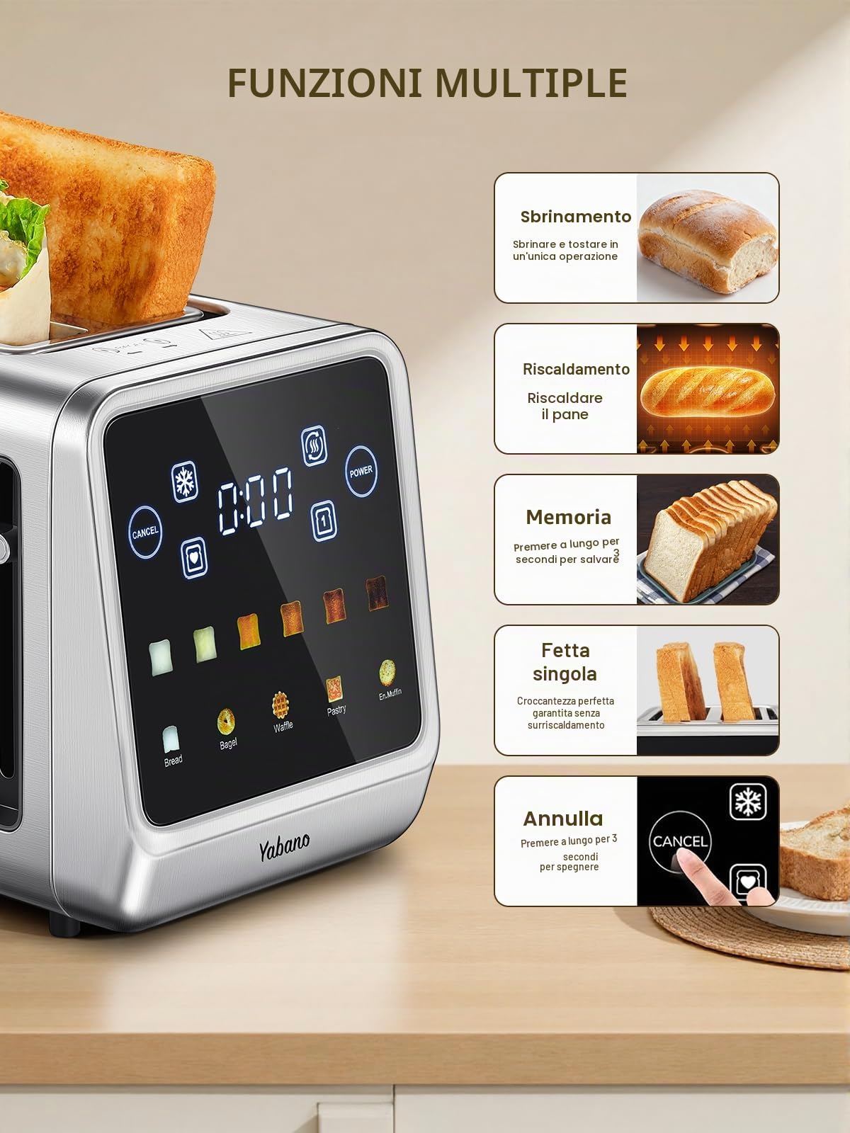 Yabano Tostapane 4 fette con touch screen e funzione memoria, timer, scongelamento e riscaldamento, tostapane in acciaio inox con 6 livelli di doratura, 5 programmi per il pane