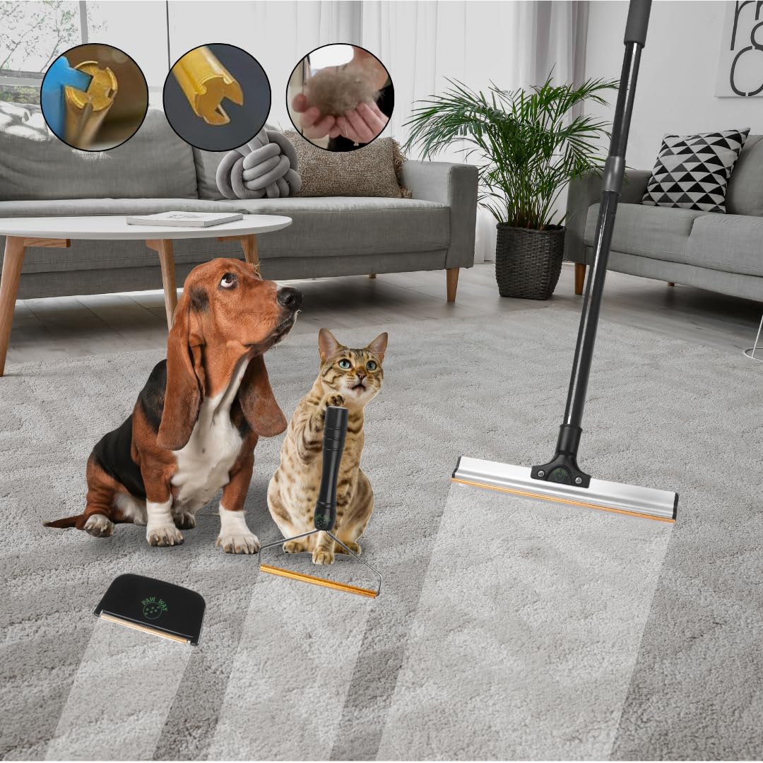 Pet Hair Remover Bundled, Reusable Carpet Rake for Pet Hair Removal, Pet Hair Removal Broom, Dog Hair Remover for Car in a lint Roller, Made for All Soft Seats, Cat and Dog Grooming Essentials