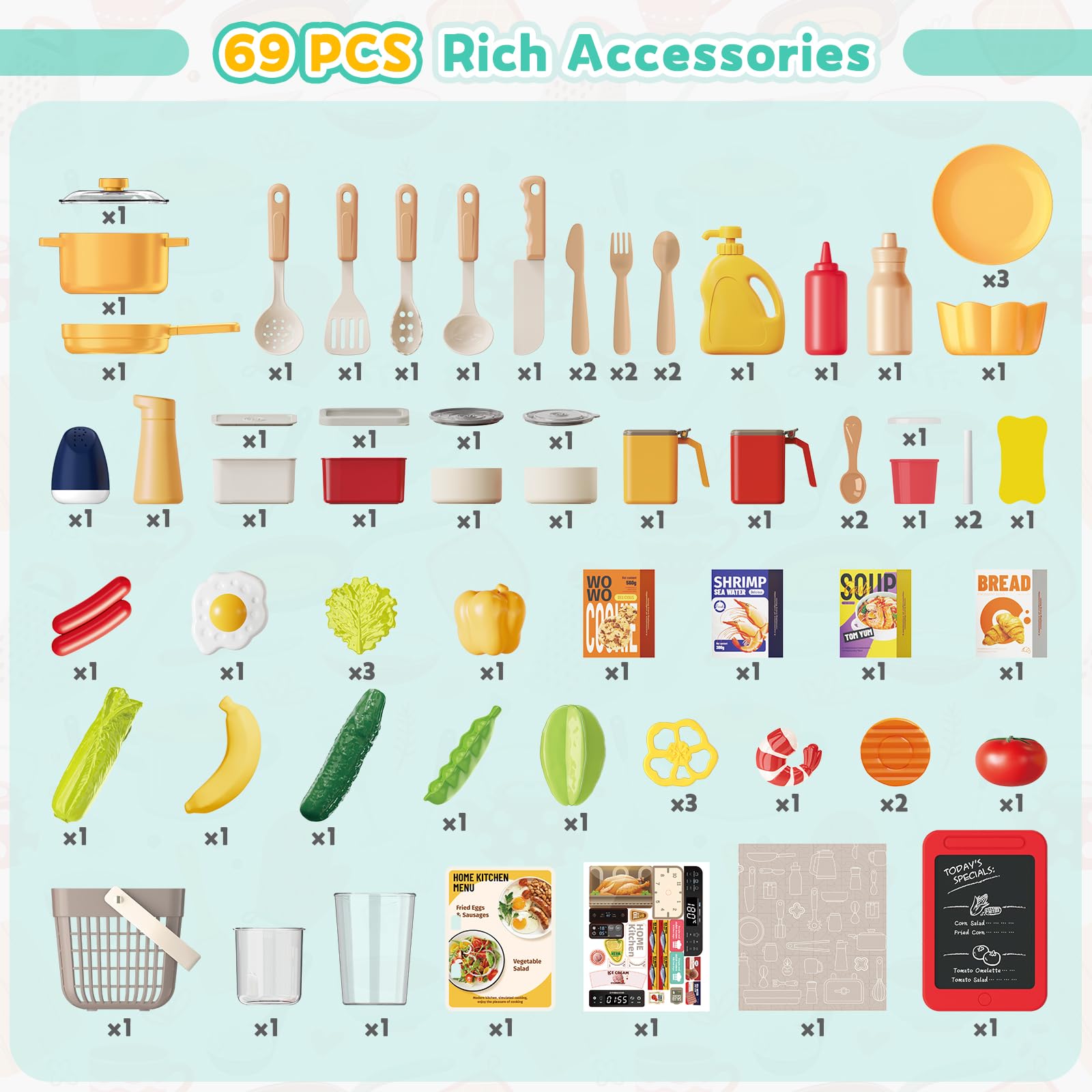 deAO Cocinas Infantiles, 69 PCS Cocina Juguete, Grifo Agua, Luces y Sonido | con Vajilla, Comida, Fregadero, Cocina de Vapor, Horno, 54x21x88 cm, Plástico Seguro, Regalos para Niños +3 Años, Verde