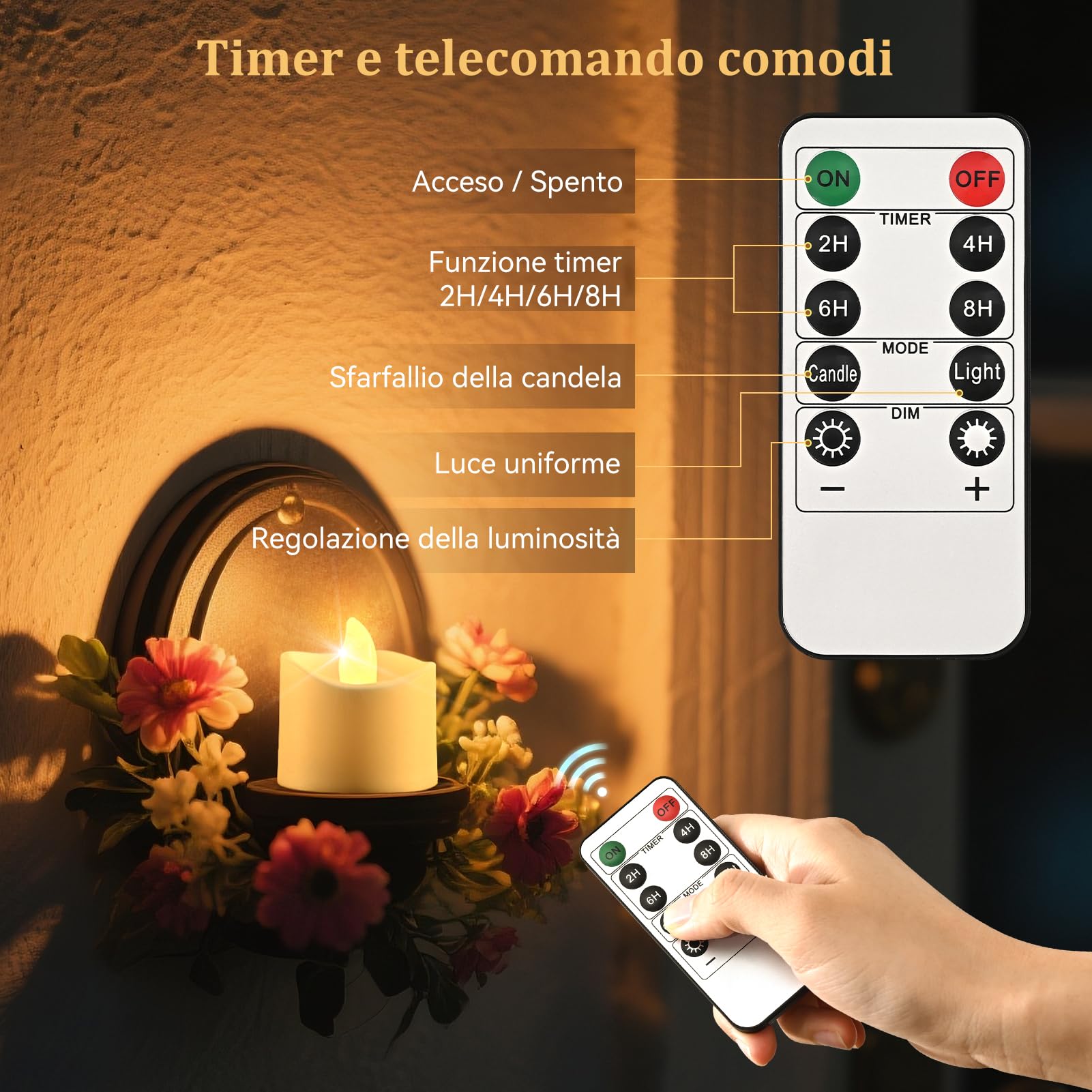 RaceGT 20 Candele LED con Timer e Telecomando, Candele LED senza Fiamma, Batterie Incluse, 2/4/6/8H Timer, Ideali per Natale, Matrimonio, Festa, Luci Bianco Caldo